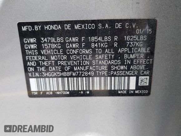 2015 Honda Fit EX-L with VIN 3HGGK5H88FM772849, listed as a IAAI auction lot 42099639 with 113,380 mi miles and . Bid and sale history available at DreamBid. Image 9.