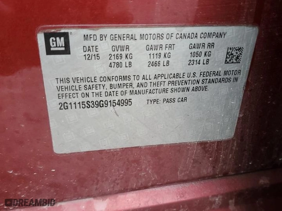 2016 Chevrolet Impala LT with VIN 2G1115S39G9154995, listed as a Copart auction lot 47294555 with 139,430 mi miles and Salvage Title. Bid and sale history available at carsss.com. Image 12.