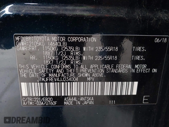 2018 Toyota RAV4 SE с VIN JTMJFREV4JJ234004, выставлен на аукционе IAAI как лот 42287538 с пробегом 77 347 миль миль и . История ставок и продаж доступна на DreamBid. Изображение 9.