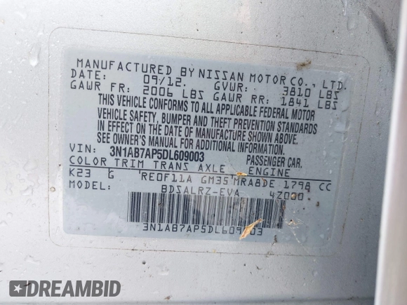 2013 Nissan Sentra FE+ S with VIN 3N1AB7AP5DL609003, listed as a IAAI auction lot 42107695 with 117,951 mi miles and . Bid and sale history available at DreamBid. Image 9.