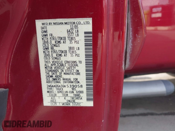 2006 Nissan Titan SE with VIN 1N6AA06A36N539058, listed as a IAAI auction lot 41431364 with 87,556 mi miles and . Bid and sale history available at DreamBid. Image 9.