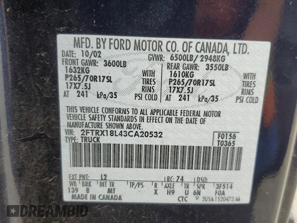 2003 Ford F-150 XL with VIN 2FTRX18L43CA20532, listed as a Copart auction lot 63528695 with 277,964 mi miles and Salvage title. Bid and sale history available at DreamBid. Image 12.
