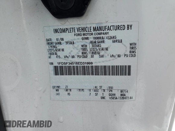 2008 Ford F-350 XL with VIN 1FDSF34518ED31999, listed as a Copart auction lot 43069015 with 274,981 mi miles and Salvage Title. Bid and sale history available at DreamBid. Image 13.