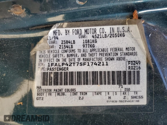 1995 Ford Mustang GT with VIN 1FALP42T7SF174211, listed as a Copart auction lot 77635124 with 158,940 mi miles and Salvage title. Bid and sale history available at DreamBid. Image 12.