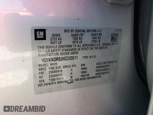 2017 Cadillac XT5 Luxury AWD with VIN 1GYKNDRS9HZ203511, listed as a Copart auction lot 49324465 with 102,529 mi miles and Salvage Title. Bid and sale history available at DreamBid. Image 13.