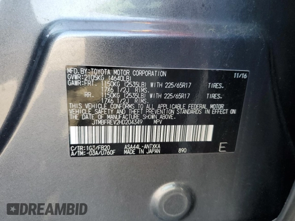 2017 Toyota RAV4 LE with VIN JTMBFREV2HD204349, listed as a Copart auction lot 63006825 with 141,795 mi miles and Salvage title. Bid and sale history available at DreamBid. Image 13.