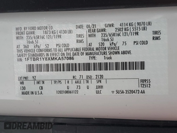 2021 Ford Transit Cargo с VIN 1FTBR1Y8XMKA57086, выставлен на аукционе Copart как лот 41870105 с пробегом Не указан миль и Списание • Salvage title. История ставок и продаж доступна на DreamBid. Изображение 12.
