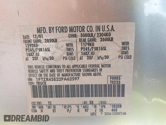 2002 Ford Ranger XL Fleet with VIN 1FTZR45E22PA62597, listed as a IAAI auction lot 41981964 with 120,038 mi miles. Bid and sale history available at carsss.com. Image 9.