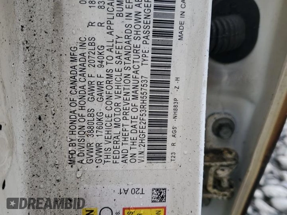 2024 Honda Civic Sport with VIN 2HGFE2F53RH557537, listed as a Copart auction lot 54697835 with Not provided miles and Salvage title. Bid and sale history available at DreamBid. Image 12.