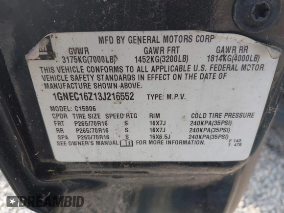2003 Chevrolet Suburban LT z VIN 1GNEC16Z13J216552, wystawiony jako IAAI lot #40193670 z przebiegiem 235 840 mil mil oraz . Historia ofert i sprzedaży dostępna na DreamBid. Obrazek 9.