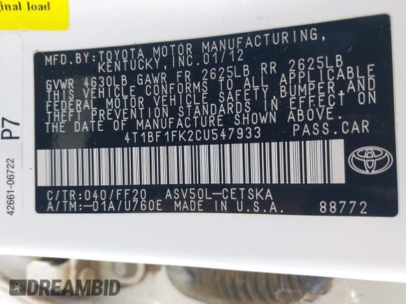 2012 Toyota Camry L with VIN 4T1BF1FK2CU547933, listed as a IAAI auction lot 42020368 with 217,708 mi miles and . Bid and sale history available at carsss.com. Image 9.