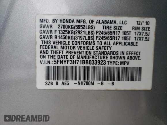 2011 Honda Pilot EX-L with VIN 5FNYF3H71BB033923, listed as a Copart auction lot 56649305 with 132,304 mi miles and Salvage title. Bid and sale history available at DreamBid. Image 13.