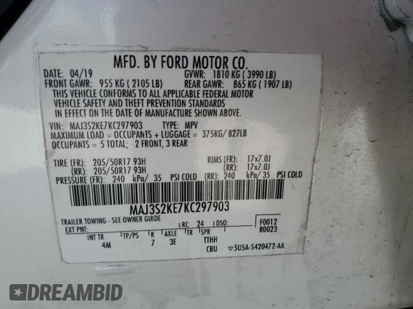 2019 Ford EcoSport Titanium with VIN MAJ3S2KE7KC297903, listed as a Copart auction lot 45854425 with 77,788 mi miles and Salvage Title. Bid and sale history available at DreamBid. Image 15.