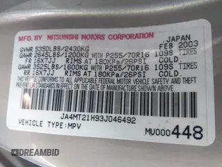 2003 Mitsubishi Montero Sport ES with VIN JA4MT21H93J046492, listed as a IAAI auction lot 42023037 with 181,406 mi miles. Bid and sale history available at carsss.com. Image 9.