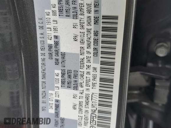 2020 Mazda 3 Preferred with VIN 3MZBPBDM4LM117771, listed as a Copart auction lot 84472484 with 44,559 mi miles and Salvage title. Bid and sale history available at DreamBid. Image 14.