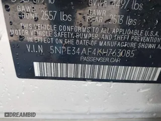 2019 Hyundai Sonata SEL with VIN 5NPE34AF4KH763085, listed as a IAAI auction lot 41660904 with 51,086 mi miles. Bid and sale history available at carsss.com. Image 9.