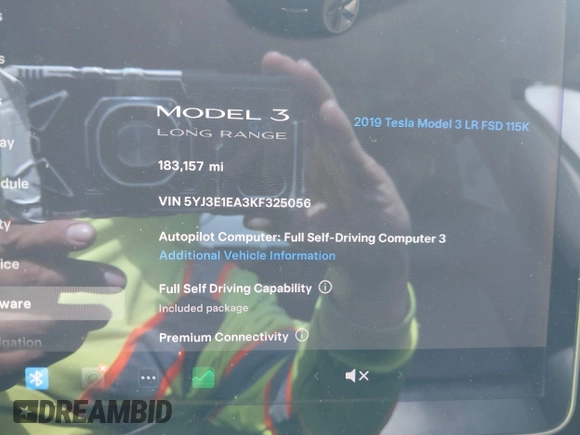 2019 Tesla Model 3 Mid Range with VIN 5YJ3E1EA3KF325056, listed as a IAAI auction lot 41771543 with 183,157 mi miles and . Bid and sale history available at carsss.com. Image 15.