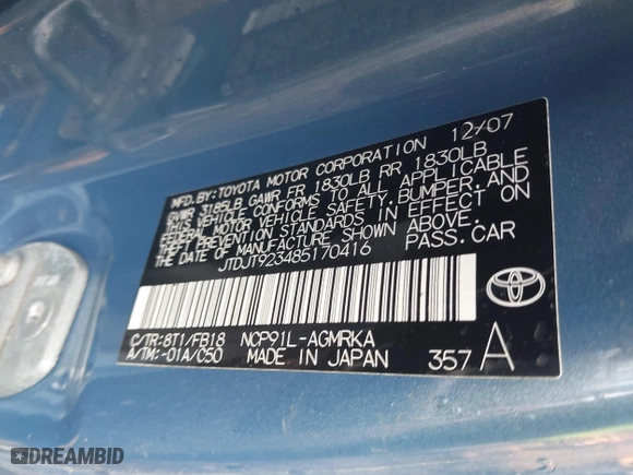 2008 Toyota Yaris with VIN JTDJT923485170416, listed as a IAAI auction lot 41988703 with 999,999 mi miles. Bid and sale history available at carsss.com. Image 9.
