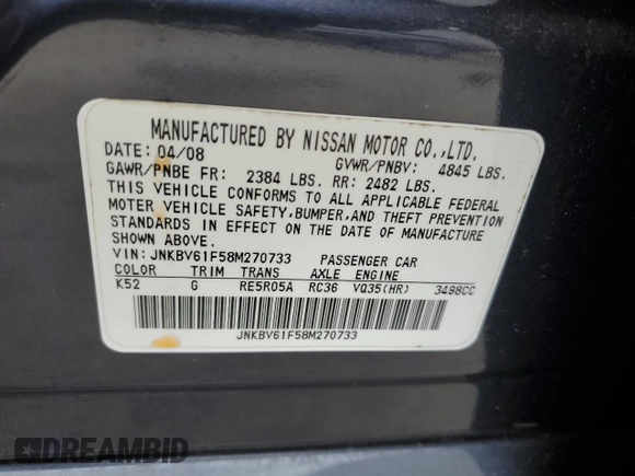 2008 Infiniti G35 x with VIN JNKBV61F58M270733, listed as a Copart auction lot 71760934 with 108,066 mi miles and Salvage Title. Bid and sale history available at DreamBid. Image 12.