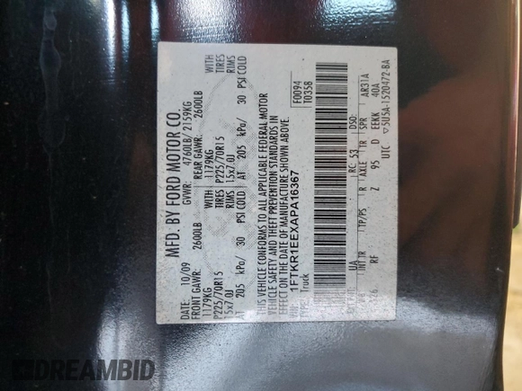 2010 Ford Ranger XL with VIN 1FTKR1EEXAPA16367, listed as a Copart auction lot 58165355 with 173,524 mi miles and Salvage title. Bid and sale history available at DreamBid. Image 13.