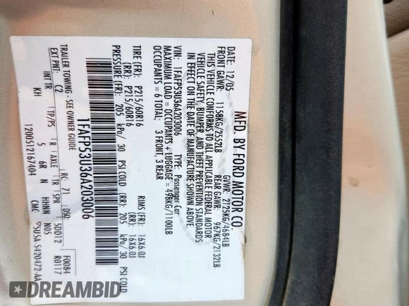 2006 Ford Taurus SE с VIN 1FAFP53U36A203006, выставлен на аукционе Copart как лот 63012895 с пробегом Не указан миль и Списание • Salvage title. История ставок и продаж доступна на DreamBid. Изображение 12.