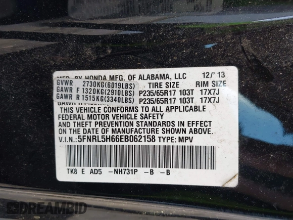 2014 Honda Odyssey EX-L with VIN 5FNRL5H66EB062158, listed as a IAAI auction lot 42072020 with 211,278 mi miles and . Bid and sale history available at carsss.com. Image 9.