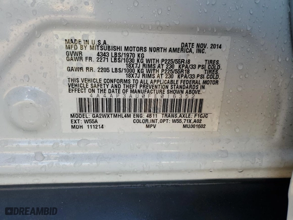 2015 Mitsubishi Outlander Sport ES with VIN 4A4AP3AU0FE016352, listed as a Copart auction lot 43600815 with 117,707 mi miles and Salvage Title. Bid and sale history available at carsss.com. Image 13.