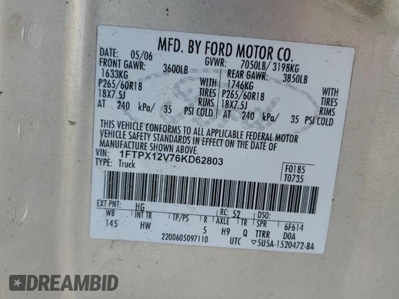 2006 Ford F-150 XL z VIN 1FTPX12V76KD62803, wystawiony jako Copart lot #61134105 z przebiegiem 214 290 mil mil oraz Szkoda całkowita • Salvage title. Historia ofert i sprzedaży dostępna na DreamBid. Obrazek 12.