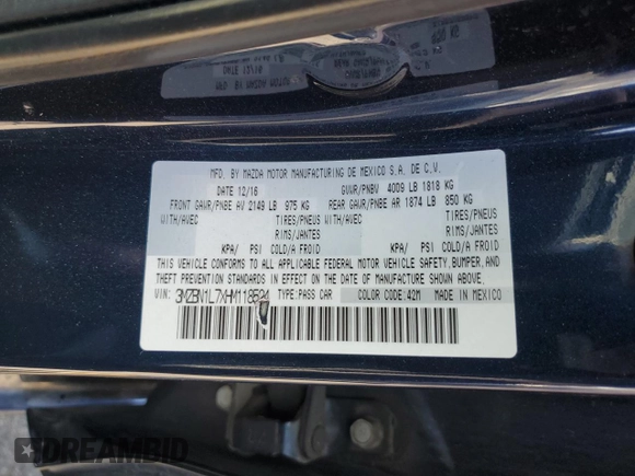 2017 Mazda 3 Touring with VIN 3MZBN1L7XHM118524, listed as a Copart auction lot 52732755 with Not Provided miles and Clean Title. Bid and sale history available at carsss.com. Image 12.