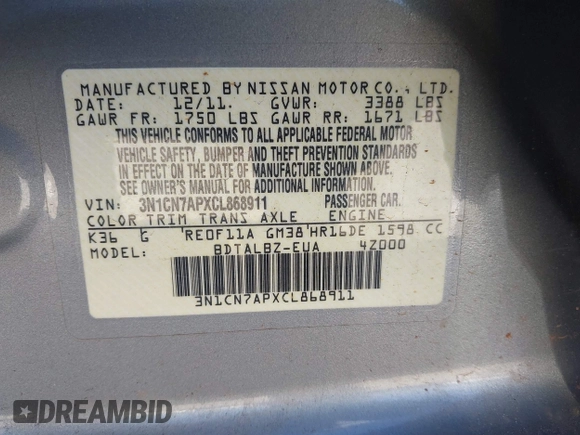 2012 Nissan Versa S with VIN 3N1CN7APXCL868911, listed as a IAAI auction lot 41762670 with 228,177 mi miles. Bid and sale history available at carsss.com. Image 9.