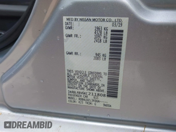 2019 Nissan Altima S with VIN 1N4BL4BV6KC211808, listed as a IAAI auction lot 41981312 with 96,362 mi miles and . Bid and sale history available at carsss.com. Image 9.