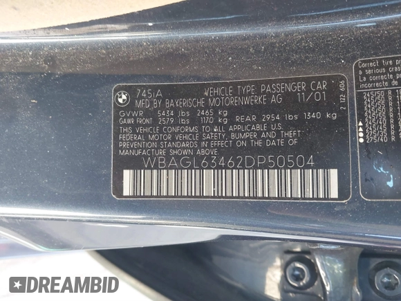 2002 BMW 7 Series 745i with VIN WBAGL63462DP50504, listed as a IAAI auction lot 41698849 with 128,939 mi miles and . Bid and sale history available at DreamBid. Image 9.