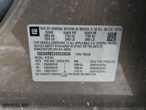 2014 Chevrolet Silverado 1500 LT with VIN 3GCUKRECXEG539604, listed as a Copart auction lot 45855255 with 193,714 mi miles and Salvage Title. Bid and sale history available at carsss.com. Image 14.