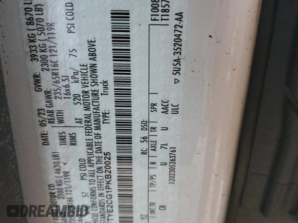 2023 Ford Transit with VIN 1FTYE2CG1PKB20025, listed as a Copart auction lot 80153603 with 44,964 mi miles and Salvage title. Bid and sale history available at DreamBid. Image 14.