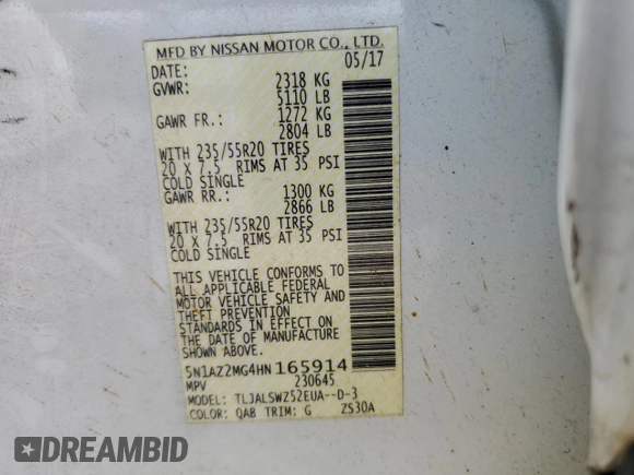 2017 Nissan Murano S with VIN 5N1AZ2MG4HN165914, listed as a Copart auction lot 49590295 with 125,084 mi miles and Salvage Title. Bid and sale history available at carsss.com. Image 13.