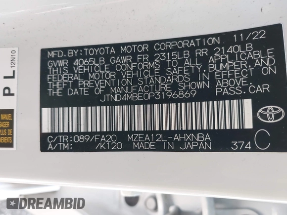 2023 Toyota Corolla Hatchback SE with VIN JTND4MBE0P3196869, listed as a IAAI auction lot 41824184 with 10,465 mi miles. Bid and sale history available at carsss.com. Image 9.