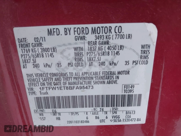 2011 Ford F-150 XLT with VIN 1FTFW1ET8BFA95473, listed as a IAAI auction lot 41262960 with 214,438 mi miles. Bid and sale history available at carsss.com. Image 9.