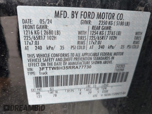 2024 Ford Maverick XLT with VIN 3FTTW8H35RRA77730, listed as a IAAI auction lot 42291064 with 5,783 mi miles and . Bid and sale history available at DreamBid. Image 9.