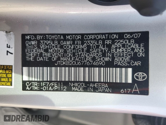 2007 Toyota Prius with VIN JTDKB20U677674690, listed as a Copart auction lot 53337315 with 214,867 mi miles and Salvage Title. Bid and sale history available at carsss.com. Image 12.