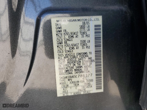 2005 Nissan Pathfinder LE with VIN 5N1AR18U65C786377, listed as a Copart auction lot 85769634 with 132,598 mi miles and Clean Title. Bid and sale history available at carsss.com. Image 14.