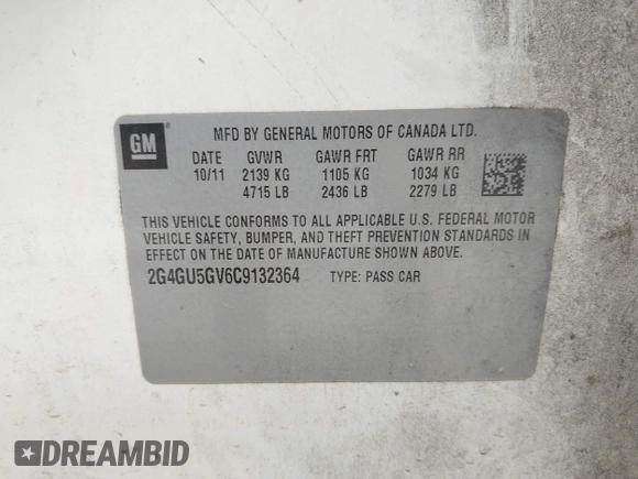 2012 Buick Regal Turbo Premium 3 with VIN 2G4GU5GV6C9132364, listed as a IAAI auction lot 42159007 with 230,582 mi miles and . Bid and sale history available at DreamBid. Image 9.