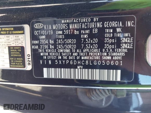 2020 Kia Telluride S with VIN 5XYP6DHC8LG050601, listed as a IAAI auction lot 41769056 with 146,682 mi miles and . Bid and sale history available at DreamBid. Image 9.