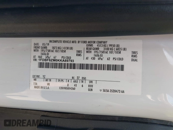 2019 Ford Transit with VIN 1FDBF8ZM0KKA89793, listed as a IAAI auction lot 42577611 with 71,148 mi miles and . Bid and sale history available at DreamBid. Image 9.
