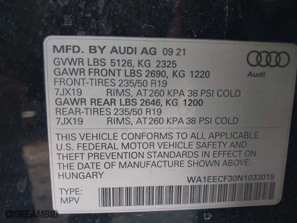 2022 Audi Q3 S line Premium Plus with VIN WA1EECF30N1033019, listed as a IAAI auction lot 41337139 with 22,659 mi miles. Bid and sale history available at carsss.com. Image 9.