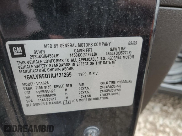 2010 GMC Acadia SLT2 with VIN 1GKLVNED7AJ131269, listed as a Copart auction lot 51303825 with 174,518 mi miles and Salvage Title. Bid and sale history available at DreamBid. Image 13.