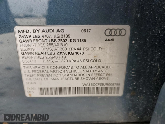 2018 Audi Q3 Premium with VIN WA1BCCFS5JR008788, listed as a Copart auction lot 46404405 with 42,264 mi miles and Salvage Title. Bid and sale history available at carsss.com. Image 13.