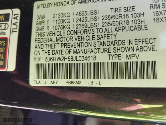 2018 Honda CR-V EX with VIN 5J6RW2H58JL034618, listed as a IAAI auction lot 40374390 with 95,255 mi miles. Bid and sale history available at carsss.com. Image 9.