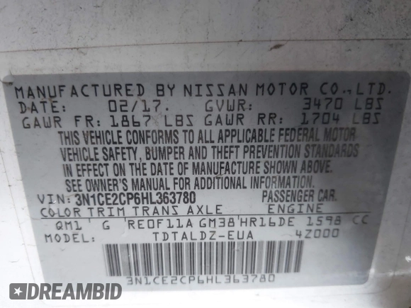 2017 Nissan Note SV z VIN 3N1CE2CP6HL363780, wystawiony jako IAAI lot #41670439 z przebiegiem 82 945 mil mil oraz . Historia ofert i sprzedaży dostępna na DreamBid. Obrazek 9.