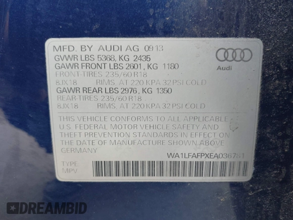 2014 Audi Q5 Premium Plus z VIN WA1LFAFPXEA036781, wystawiony jako IAAI lot #42330997 z przebiegiem 179 467 mil mil oraz . Historia ofert i sprzedaży dostępna na DreamBid. Obrazek 9.