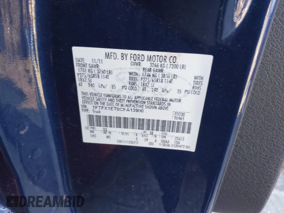 2012 Ford F-150 XL with VIN 1FTFX1ET0CFA13900, listed as a IAAI auction lot 41636108 with 168,802 mi miles. Bid and sale history available at carsss.com. Image 9.